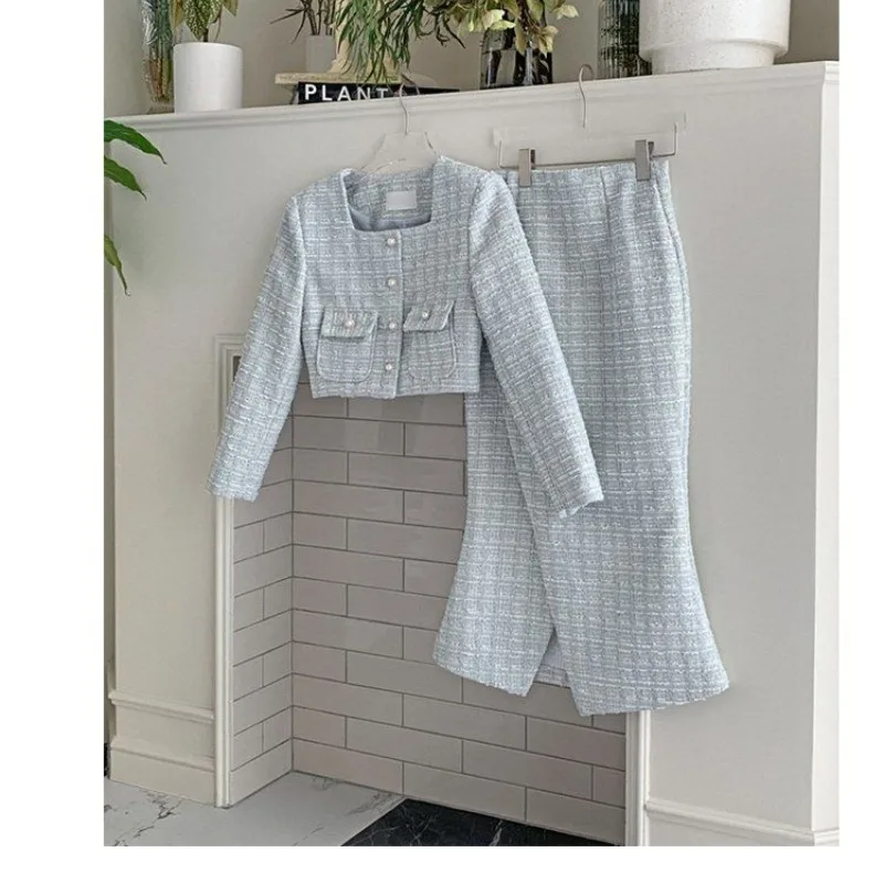 Xiaoxiangfeng Women's 2024 New Spring Autumn Fashion Elegant Long Sleeved Button Patchwork Pocket Coat Wrap Skirt Two Piece Set