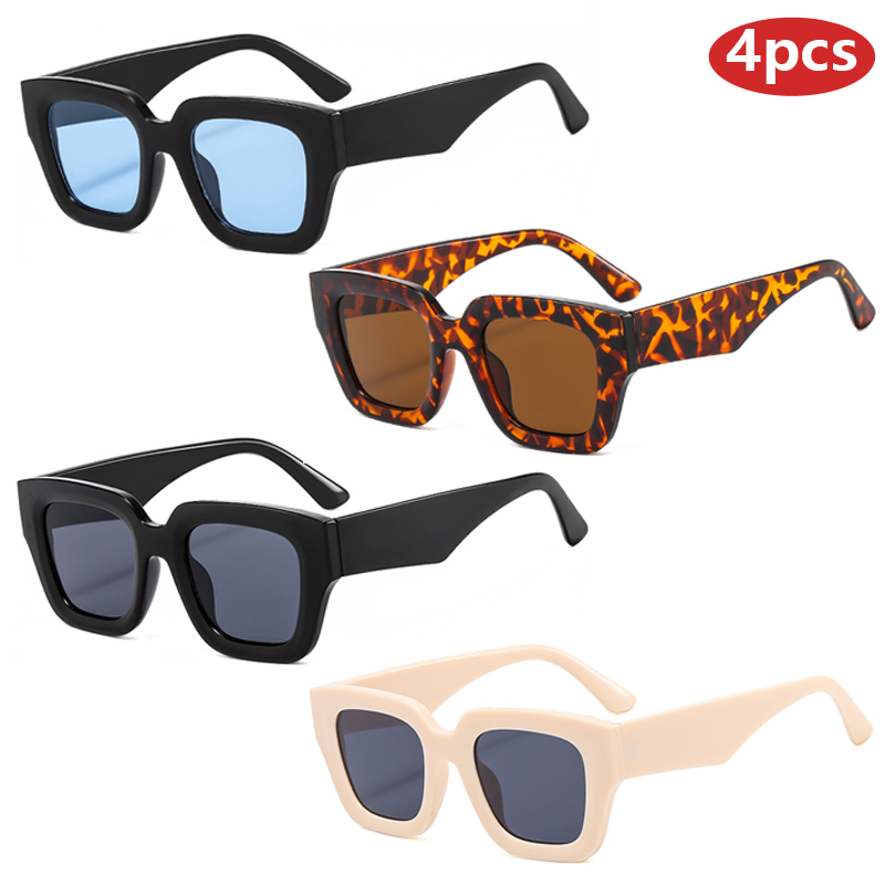 4 Sets Retro Square Large Border Frame Sunglasses Women Shade Driving Sun Glasses Outdoor Eyeglasses Broad Leg Eyewear UV400  ﻿