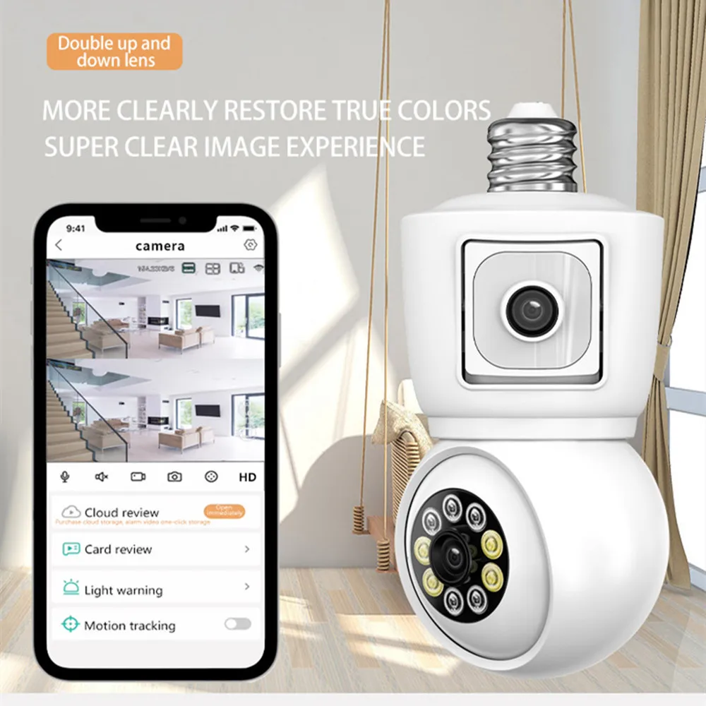 ICSEE 4MP E27 Bulb WiFi Camera Dual Lens Dual Screen Auto Tracking Two Way Audio Color Night Vision Outdoor Survalance Camera