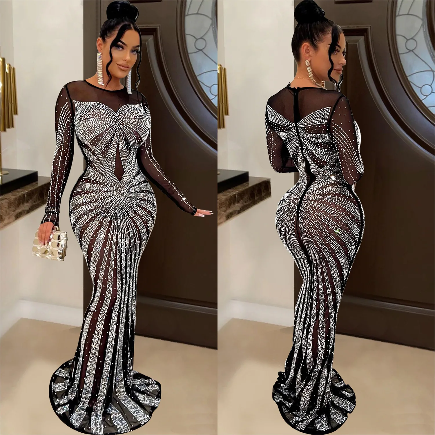 

VOLALO 2024 Best Quality Famous Brand Dress Solid Diamond O-neck Long Sleeve Elegant Maxi Dress Vestidos
