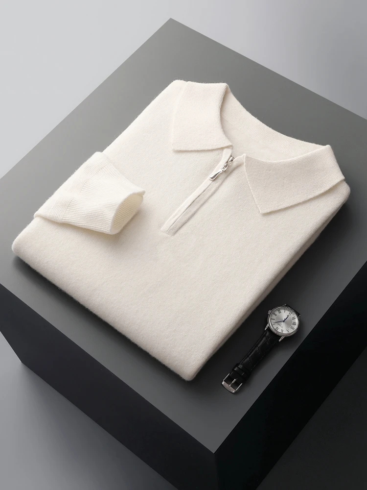 CHICUU Men Polo Cashmere Sweater Zipper Smart Casual Pullover 100% Merino Wool Knitwear Autumn Winter Soft Comfy Basic Tops 4