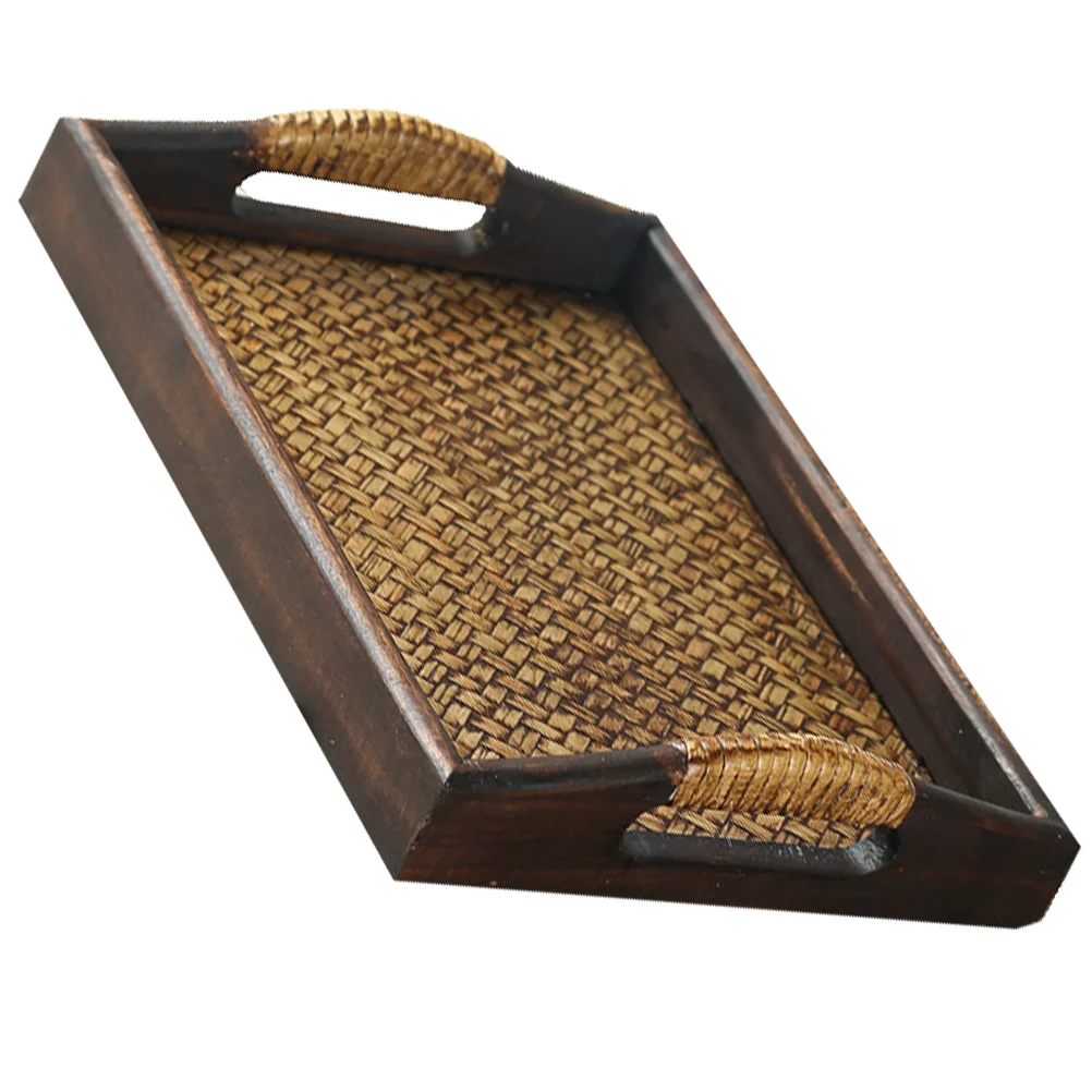 Wooden Woven Tray Rectangular Serving Plate Wood Tray Fruit Snack Tea Cup Holder Household Platter Nuts Dessert Kitchen Dining