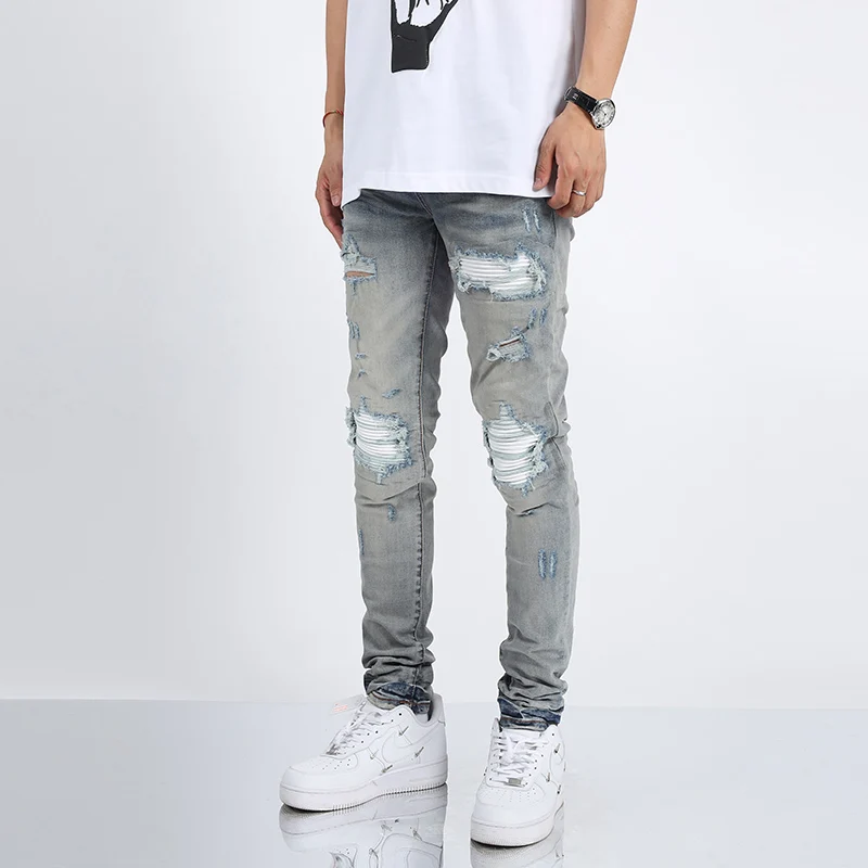 Street Fashion Men Jeans Retro Washed Light Blue Stretch Skinny Ripped Jeans Men Leather Patched Designer Hip Hop Brand Pants