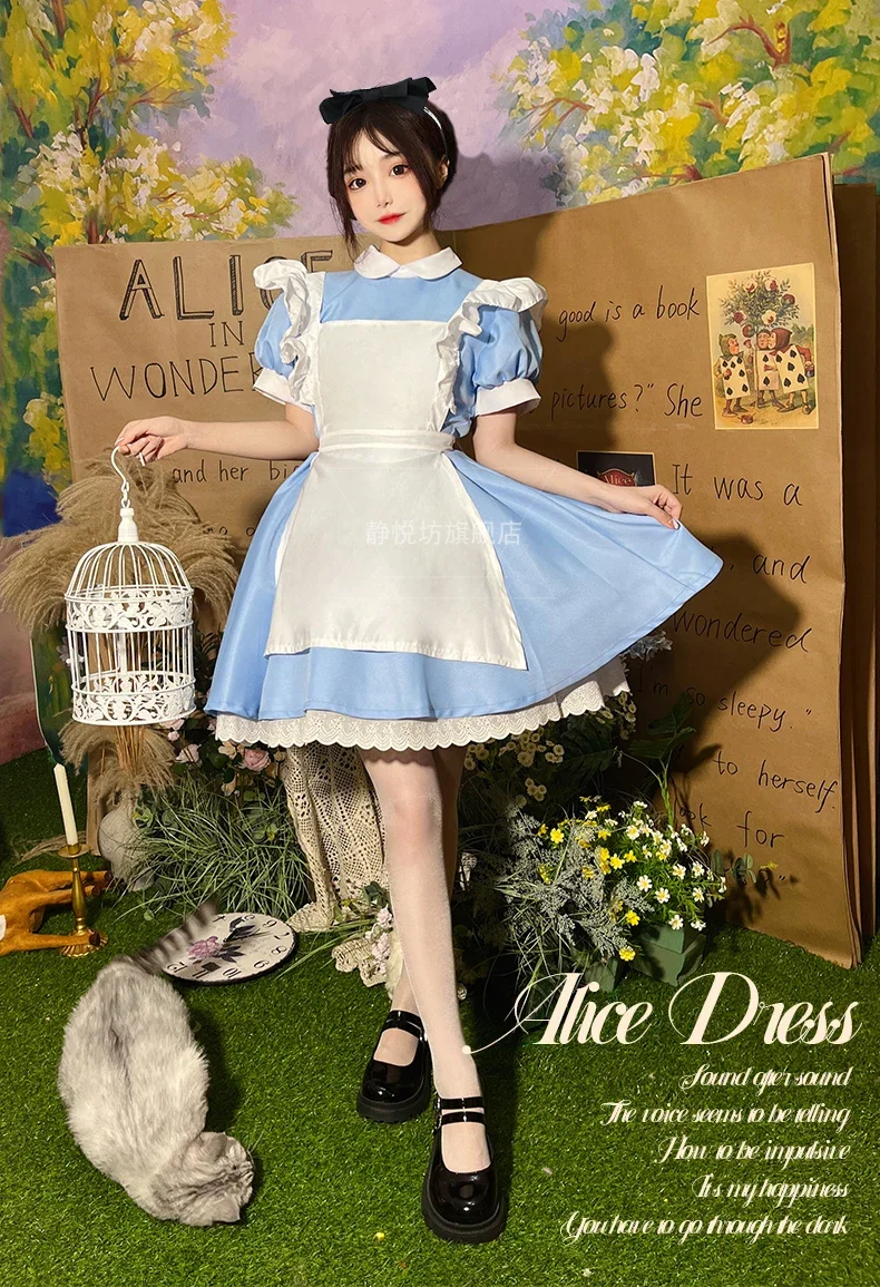 Women Lolita OP Dress Girl Blue Party Dress + Headwear + Apron Women Short Sleeve Maid Set Halloween Cosplay Costume