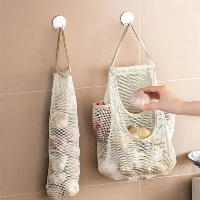 Újrafelhasználható Függő Tároló Táskák Otthoni Üreges Hálózsák Gyümölcs Zöldség Fokhagymás Hagyma Szervező Konyhai Kiegészítők - Image 3