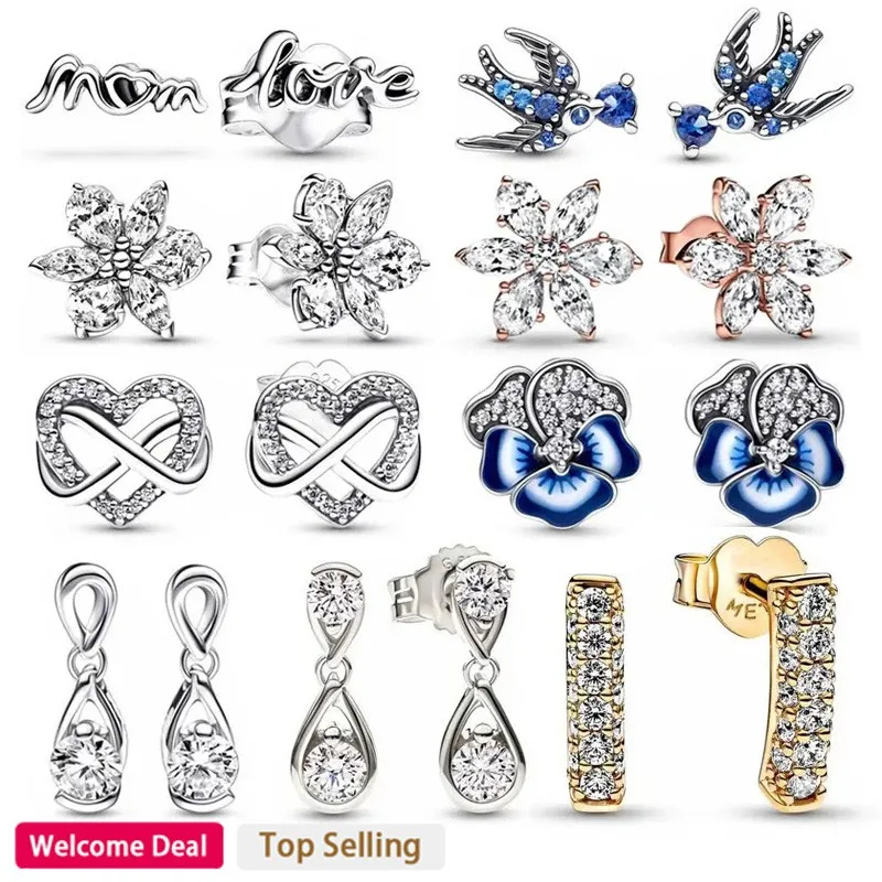 

High Quality Original Women's 925 Sterling Silver Popular Love Snowflake Drops MOM Mini Swallow Logo Earrings DIY Charm Jewelry