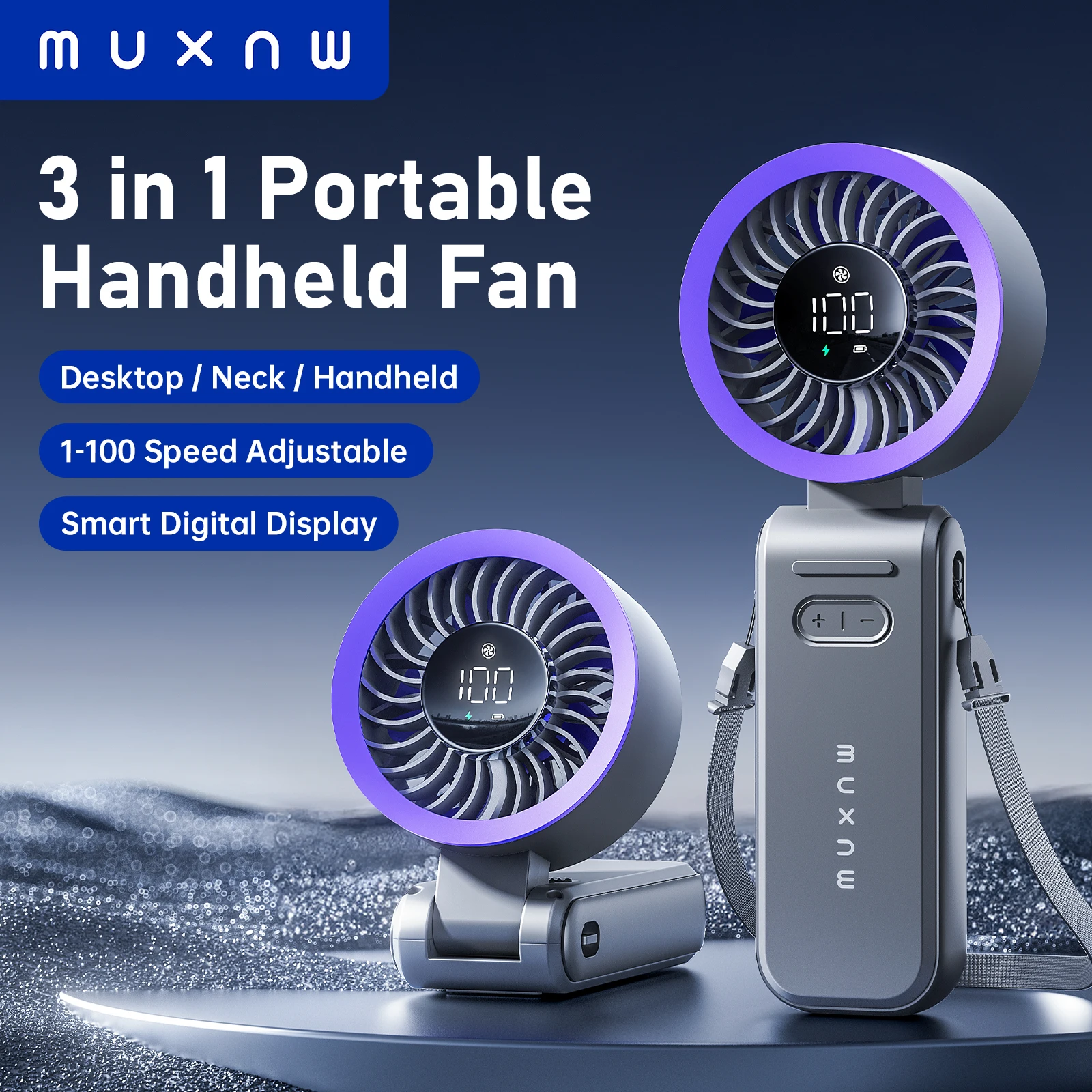 MUXNW 3 in 1 Portable Handheld Fan: Mini Personal Fan 3600mAh Rechargeable Foldable Turbo USB - Summer Beach Travel Cooling 1