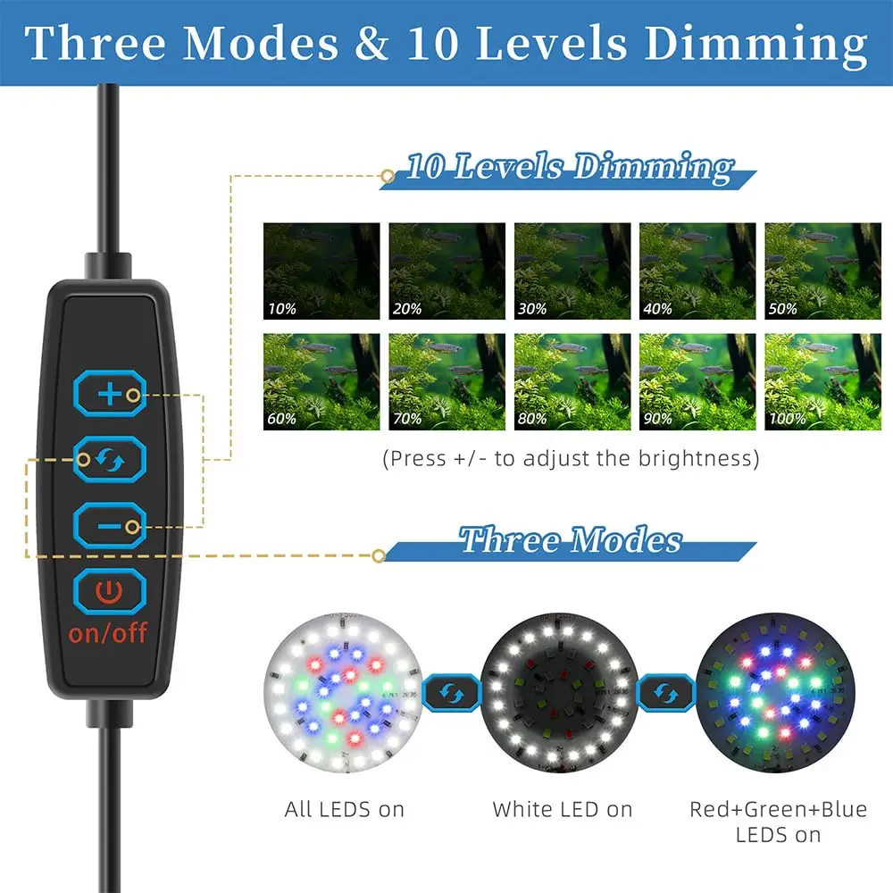 LED Lamp Aquarium Light Aquarium Lamp Mini Clip On Aquarium Light 7W Dimmable Small Fish Tank Light USB Moving Lamp with White Red Blue Green LED for 3-5 Gallon Tanks