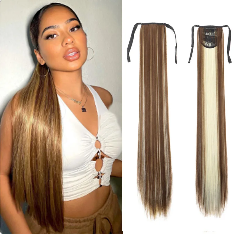 32Inch Synthetic Long Straight Ponytail Drawstring Ponytail Clip in Hair Extension Black Blonde Hairpiece for Women