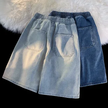 2025 New Korean Style Vintage Men's Jeans Summer Loose Male Wide Leg Knee Length Shorts New Washed Fashion Short Denim Pants 1