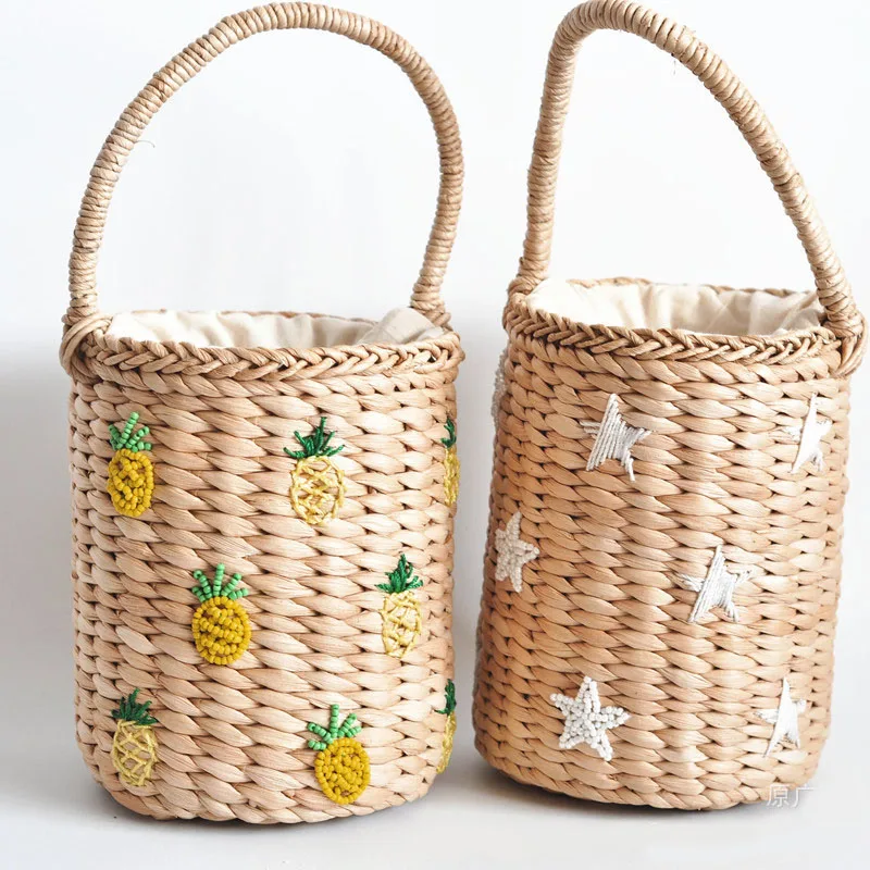 2022 New Fashion Summer Vacation Beach Bag Portable Bucket Woven Bag Totes Embroidery Stars Smile Face pineapple Straw Bag 6