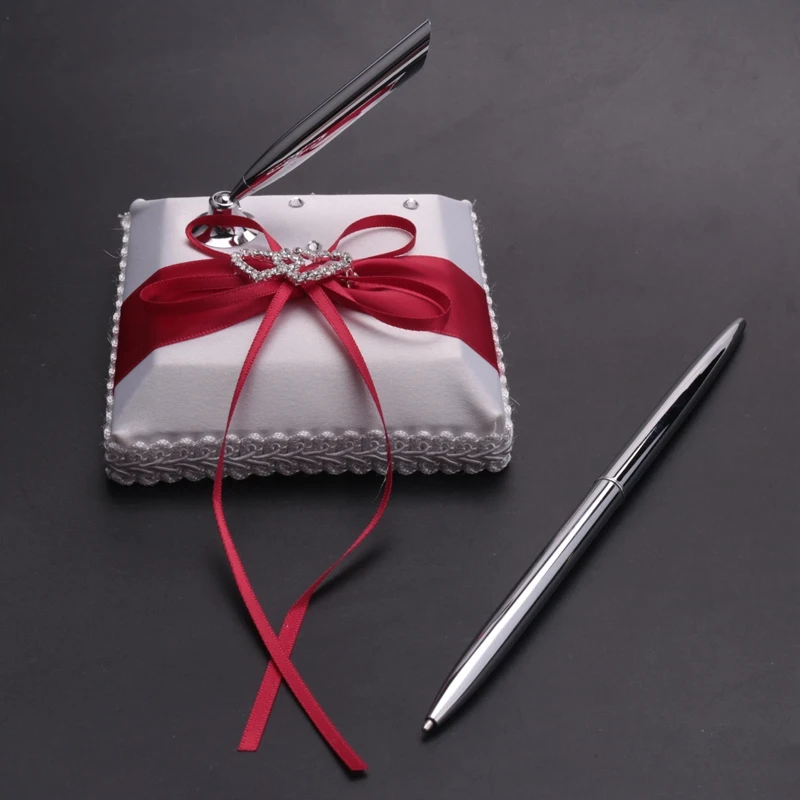 Wedding Guest Book With Pen Holder Sets Satin Bows Signature Book With Diamonds Love Shape For Party Decorations Retail