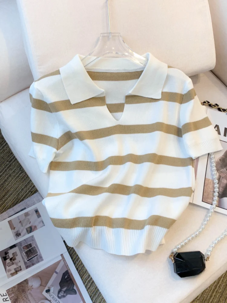 2024 New Striped Pattern Collared Sweater Versatile Short Sleeve Knitted Top For Spring & Summer Women’s Clothing Crop Top Best Sellers In Women's Clothing