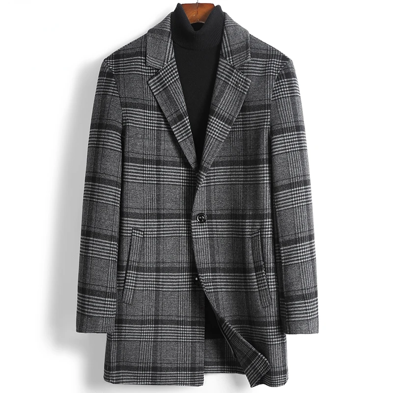 

2022 Men Autumn Winter New Turn Down Collar Wool Coats Male Plaid Casual Outerwear Men Long Woolen Windbreaker Jackets W46