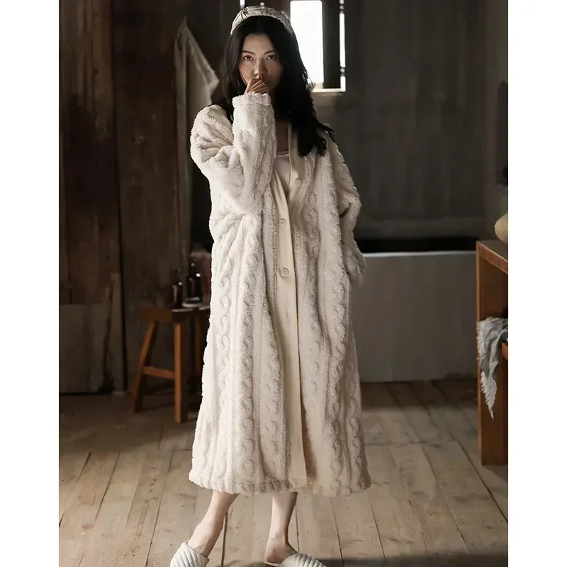 

For Pajama Bathrobe Single Female Warm Sleepwear Women's Fleece Thick Ladies Breasted Style Solid Sleeve Winter Long Korea