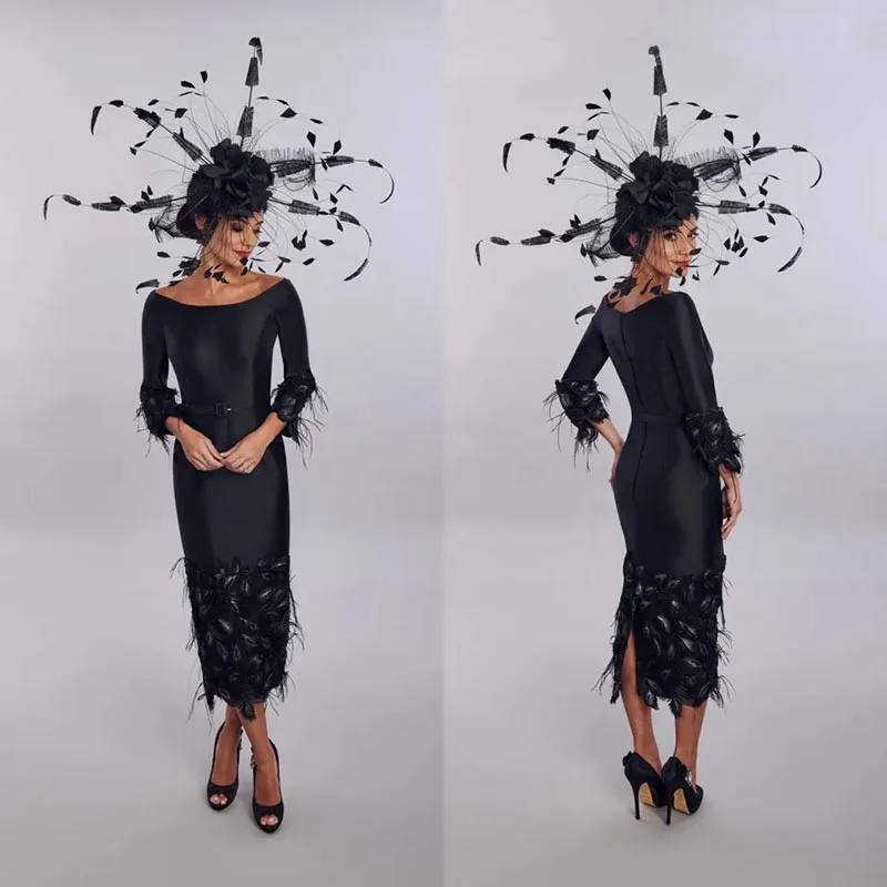 

Black Sheath Jewel Neck Long Sleeve Feather Mother of the Bride Dress Occasion Formal Party Wedding Summer 2023