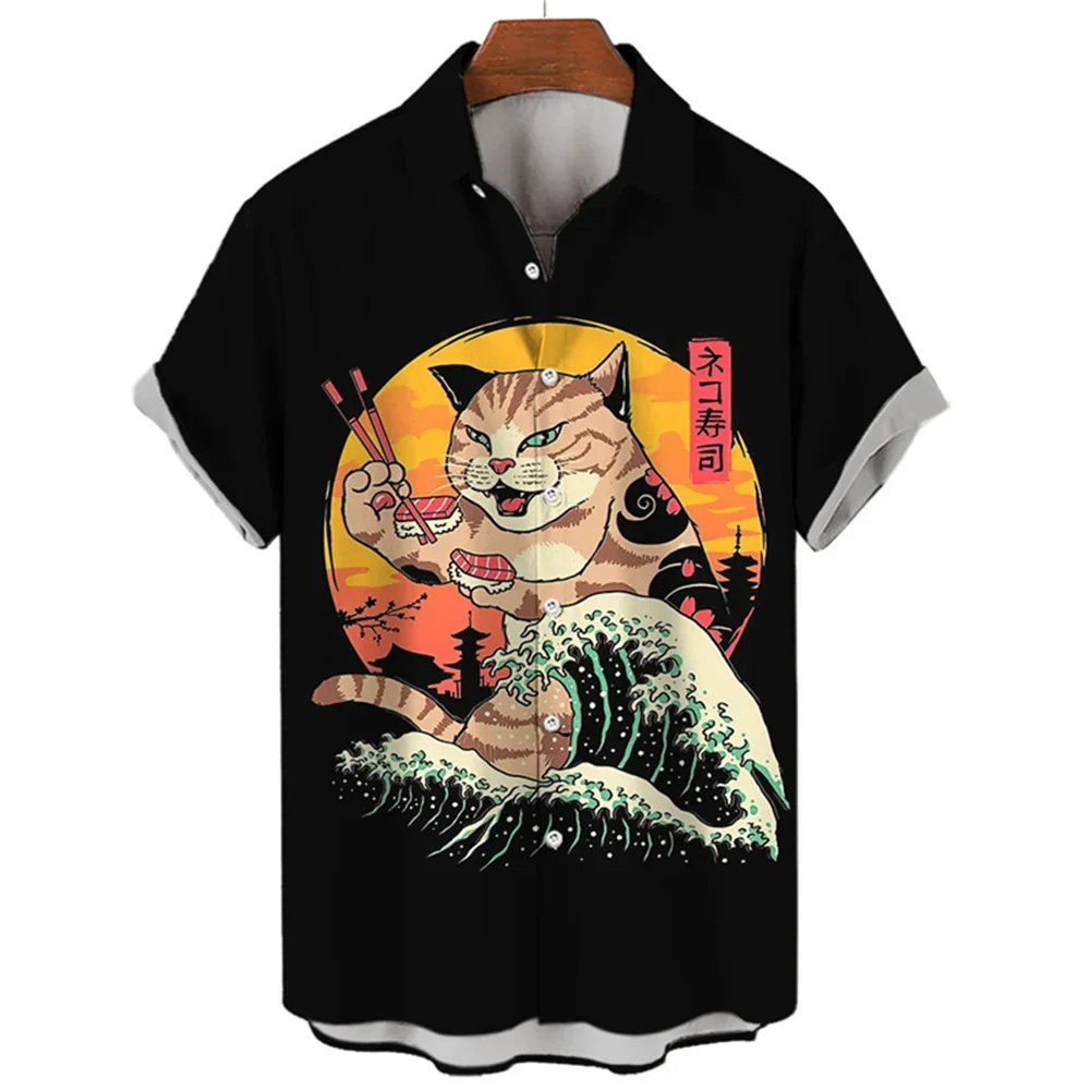 Cyberpunk Japanese Samurai Cat Retro Casual Open Lapel Button Up Top Stylish and Comfortable Hawaiian Men's Shirt