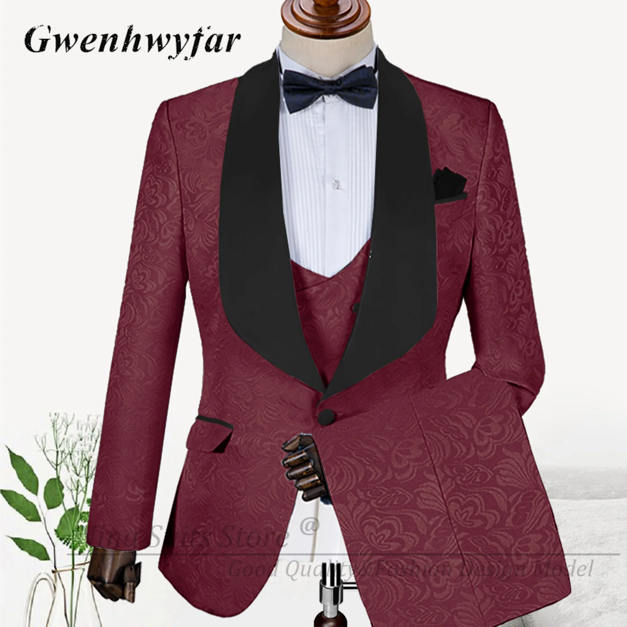 G&N Italian Design Men's Pattern Suits Dark Green Jacqaurd Formal Blazer Pants for Groom Wedding Party Wear Costume Homme