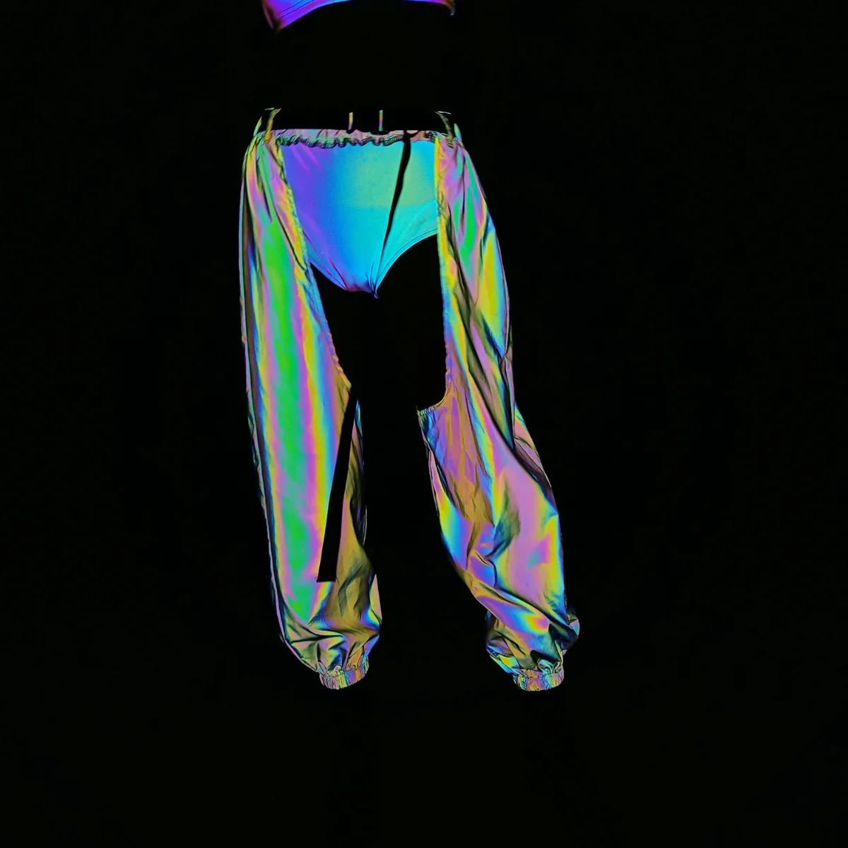 Autumn New High Waist Hollow Sexy Reflective Overalls European and American Ladies Hip-hop Rock Night Beam Pants