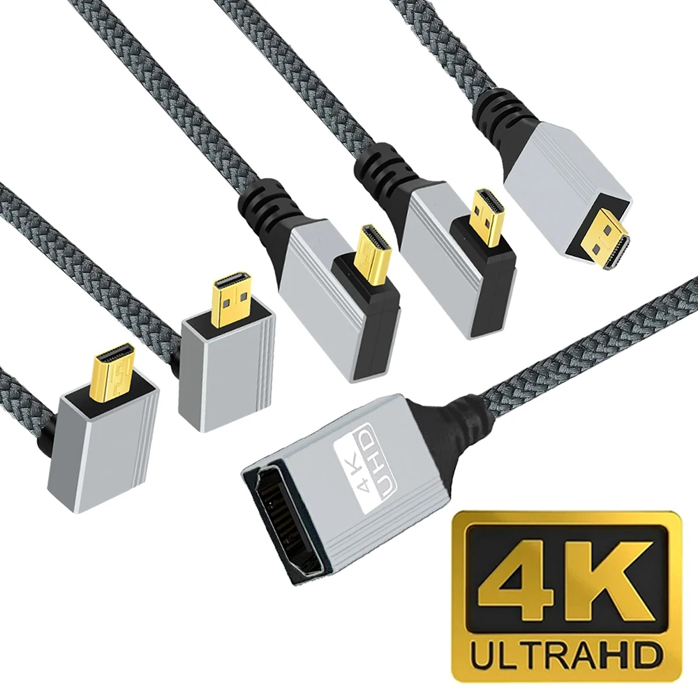 90 Degree Micro HDMI-compatible Male to HDMI-compatible 2.0 Female Adapter Cable 18Gbps 4K Braided Cord for Camera Camcorder HDTV