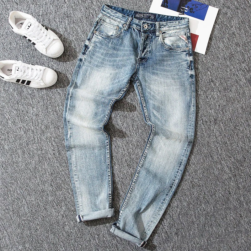 Italian Style Fashion Men Jeans Retro Light Blue Slim Fit Ripped Jeans Men Vintage Trousers Casual Designer Denim Pants Hombre