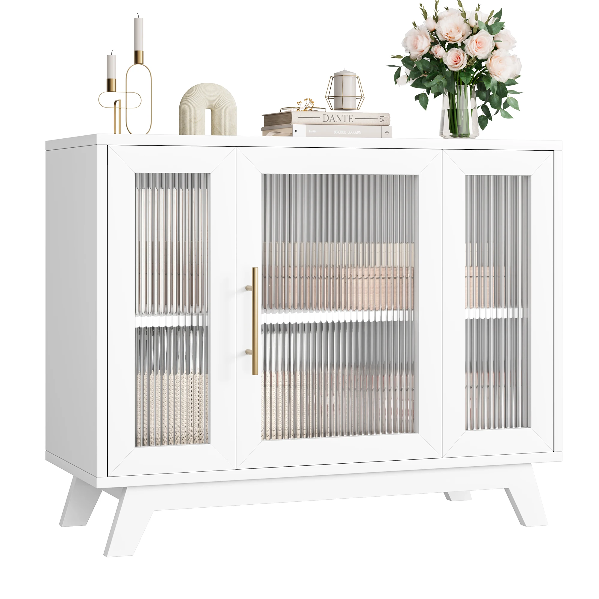 Sideboard Buffet Cabinet with Fluted Glass Door, 36" Modern Accent Storage Cabinet with 2-Tier Storage, White Coffee Bar