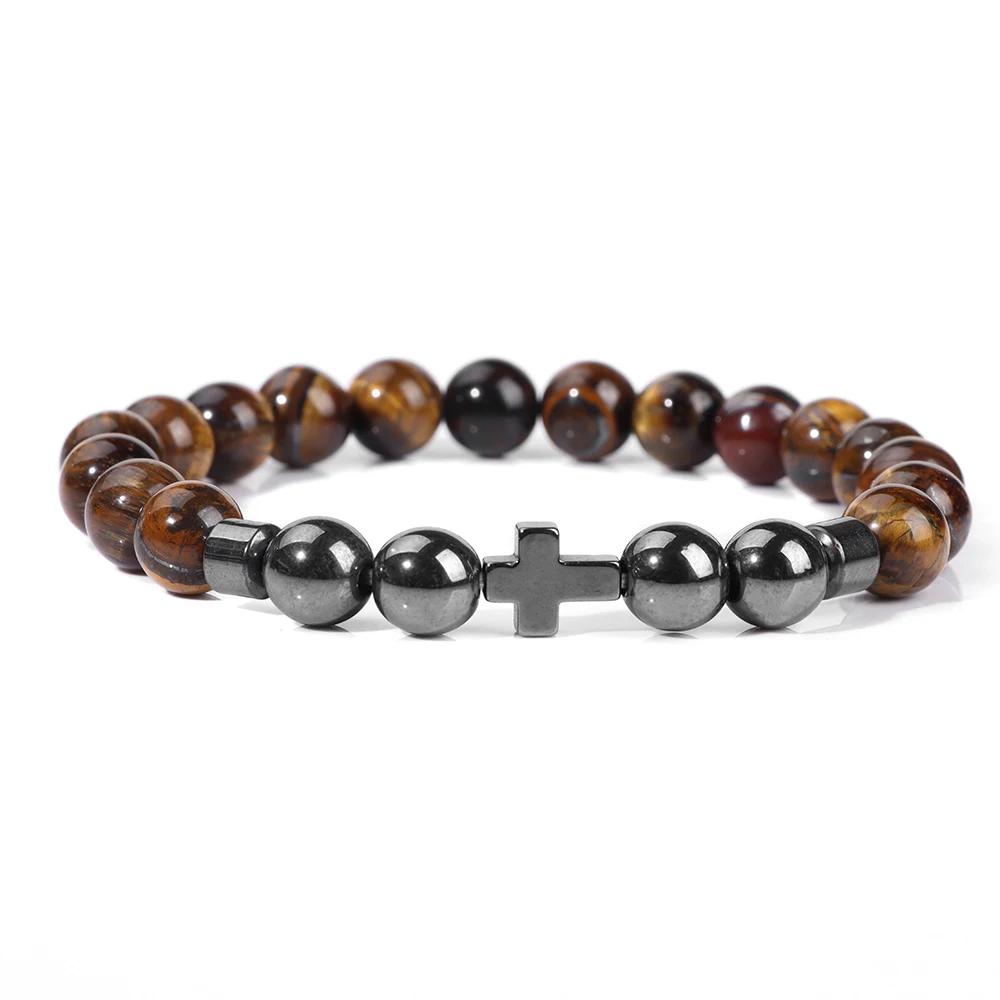Bracelet Perles Howlite Et Croix Hématite - Pierre Naturelle - Fait Main Sur Mesure - Homme Femme Enfant