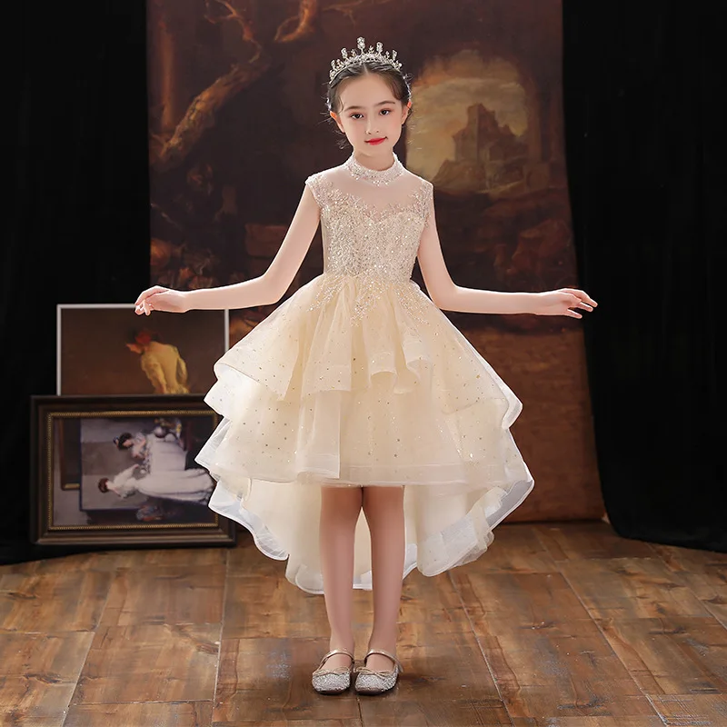 

Little Girls Sparkle Champagne Party Gown Teen Girls Trailing Formal Evening Cocktail Dress Kids Banquet Pageant Dresses 14 Year