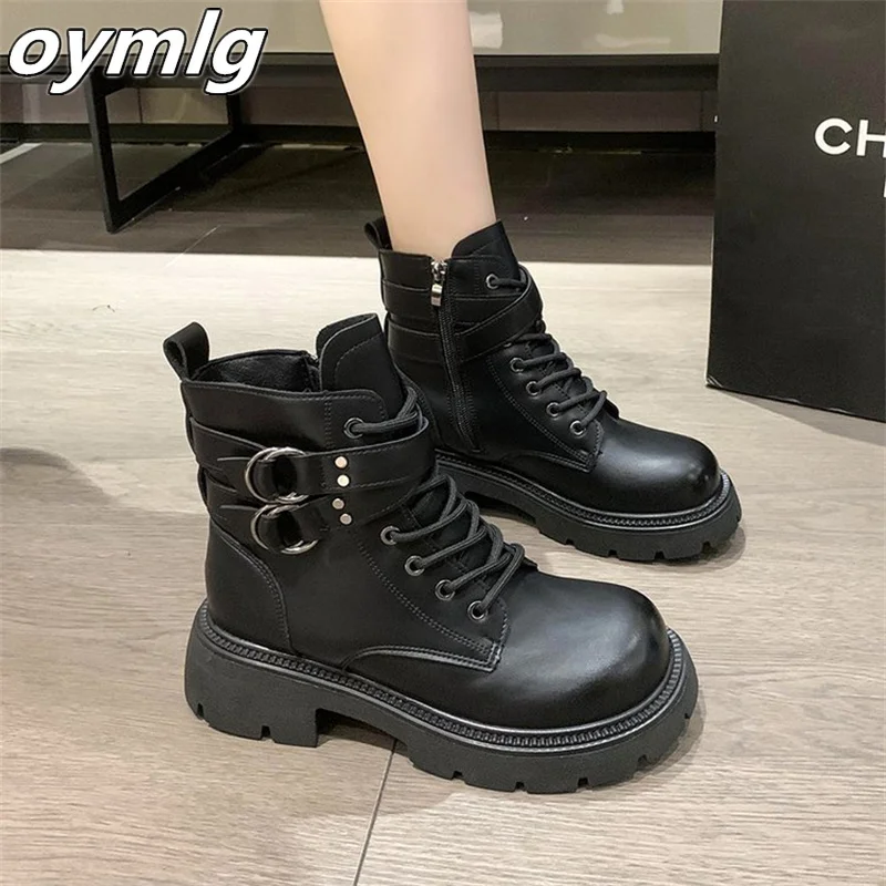 2023 Autumn/Winter New Single Boot Versatile Thick Bottom Lace up and Fleece Motorcycle Short Boots heels women
