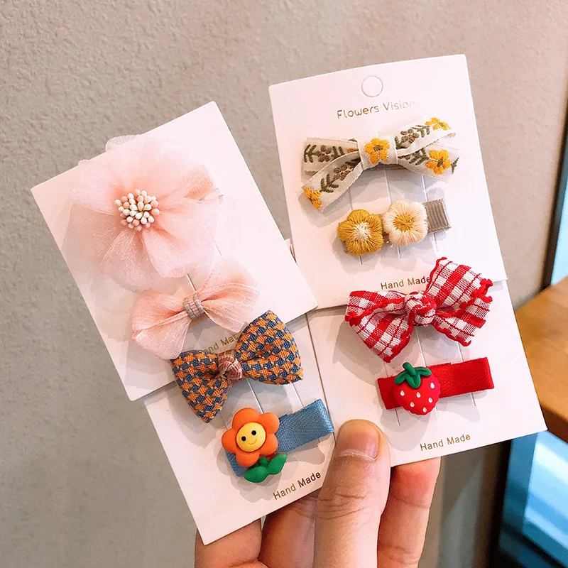 New 2pcs Gilrs Cute Bow Flower Hair Clips Lace Plaid Kint Hairpins for Baby Girls Korean Style Kid Hair Accessories
