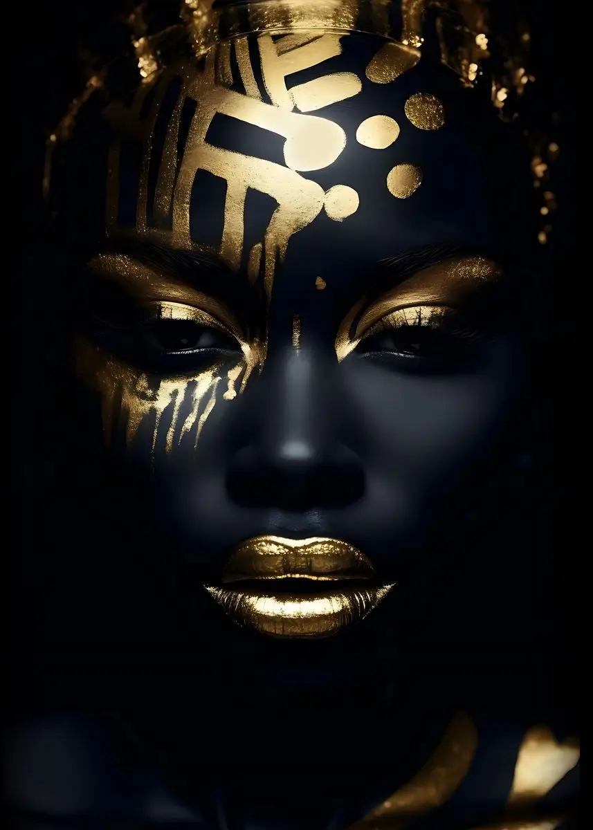 Elegant African Black and Gold Woman Portrait Canvas Art for Modern Living Room Decor