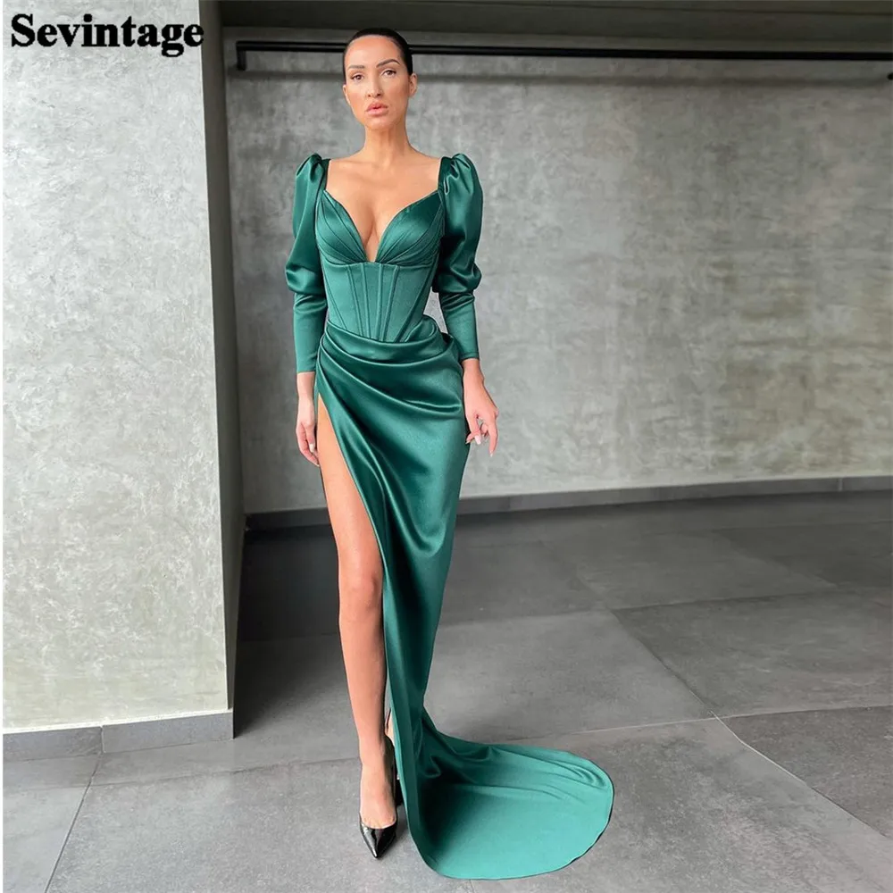 

Sevintage Fashion Mermaid Satin Prom Dress V-Neck Long Sleeves Pleated High Side Slit Floor Length Evening Dress vestido de gala