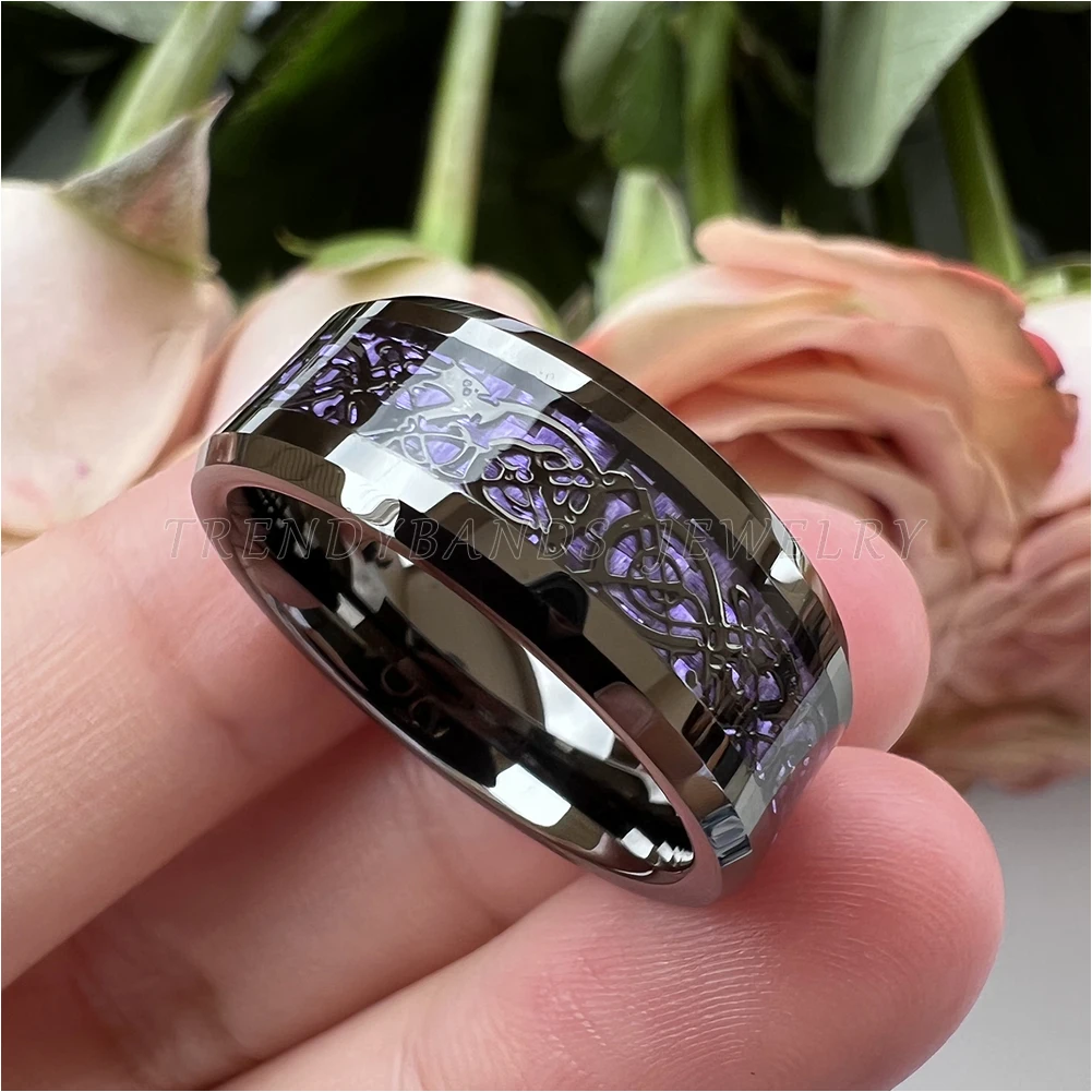 Trendbands Jewelry 8mm Purple Carbon Fiber Dragon Inlay Black Tungsten Ring Men Women Trendy Engagement Wedding Band Comfort Fit