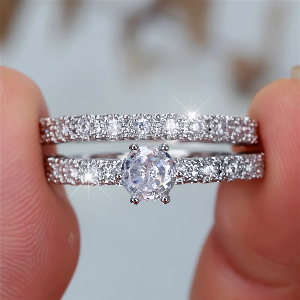 Crystal Female White Zircon Stone Ring Set Fashion Luxury Gold Silver Color Bridal Wedding Engagement Jewelry For Women