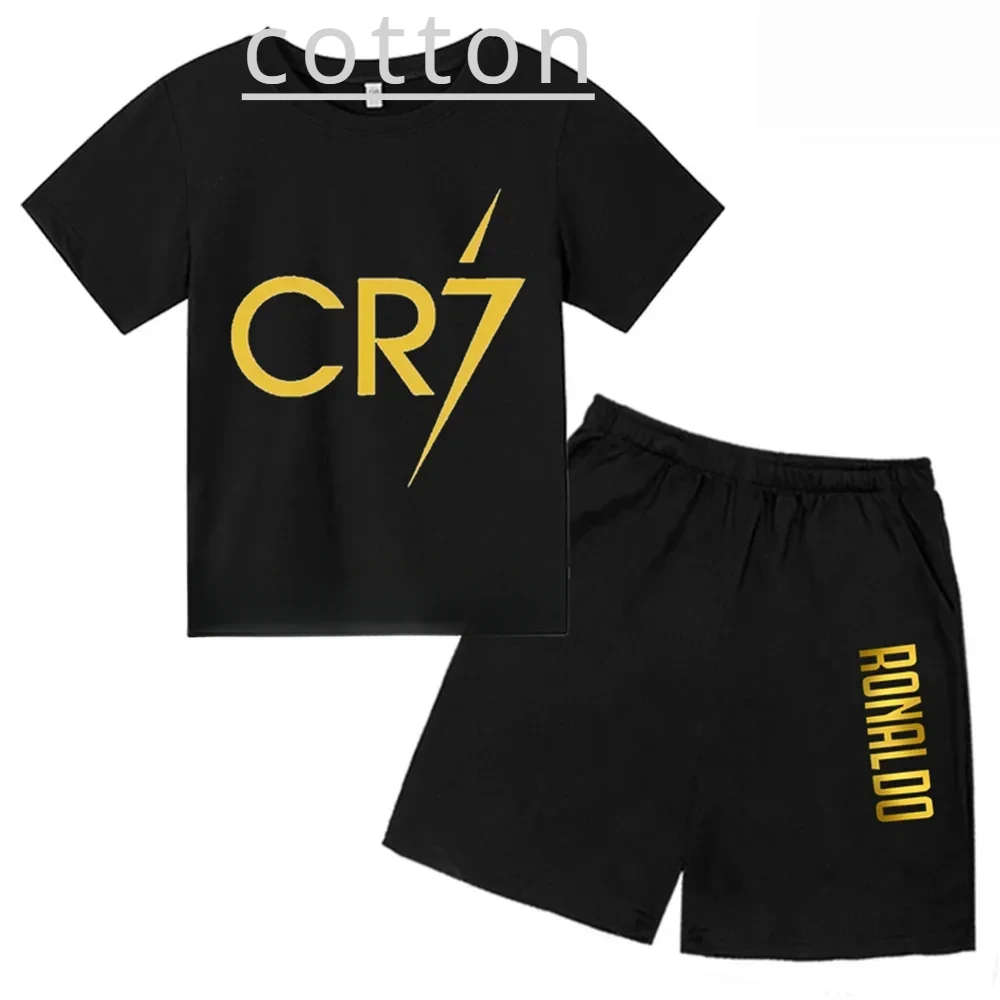 thumbnail image 1 of Conjunto de camiseta y pantalones cortos con estampado de estrellas CR7 de algodón para niños y niñas de 3 a 13 años en edad preescolar, ropa informal para niños Sunshine, 1 of 4