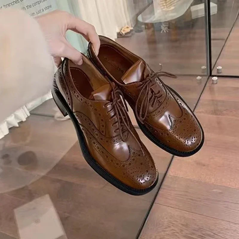 

Туфли-оксфорды женские на среднем каблуке, повседневные модные брендовые, элегантные, на шнуровке, для прогулок, весна 2024