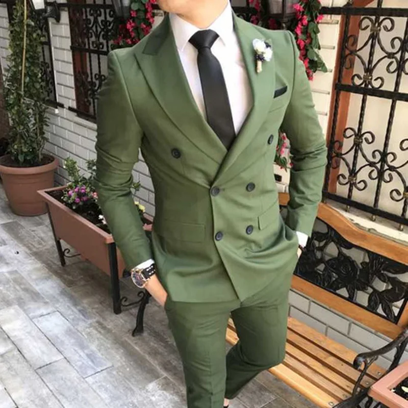 Slim Fit Double Breasted Suits For Men 2 Piece Light Blue Wedding Tuxedo For Groom With Peaked Lapel Custom Man Fashion Costume