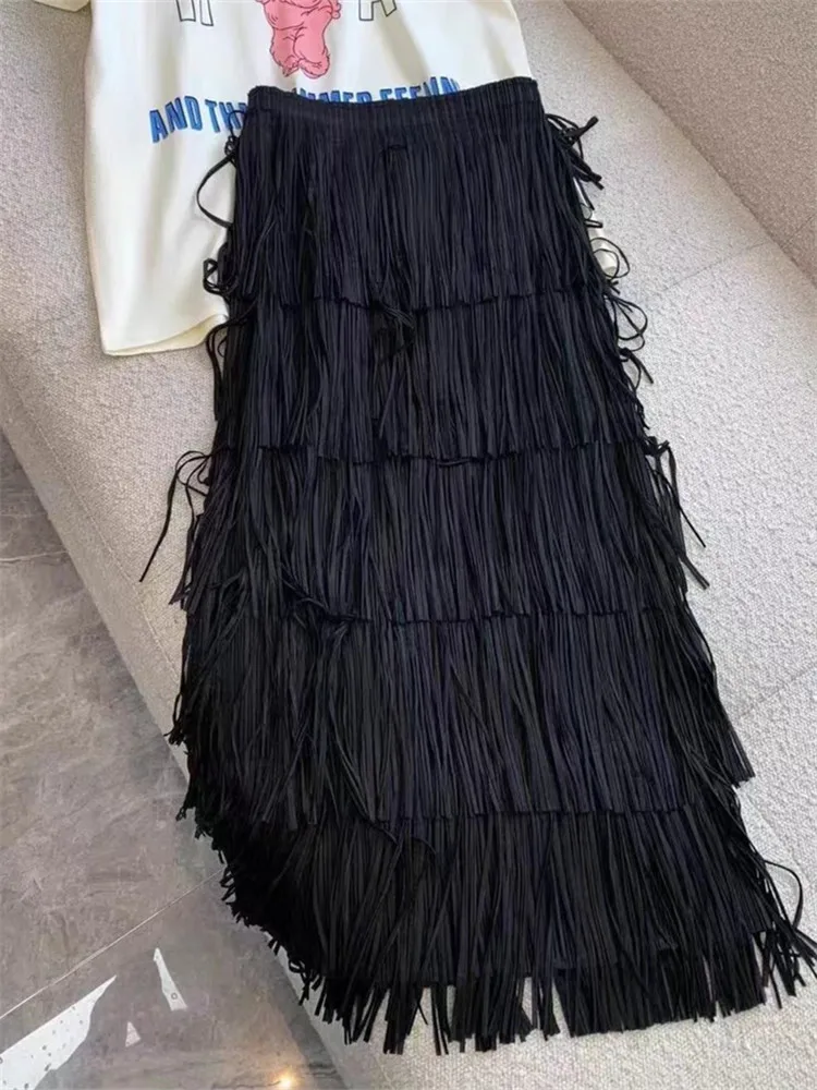 

Женская плиссированная юбка с высокой эластичной талией, Длинная Элегантная красная юбка с кисточками, весна-осень 2024