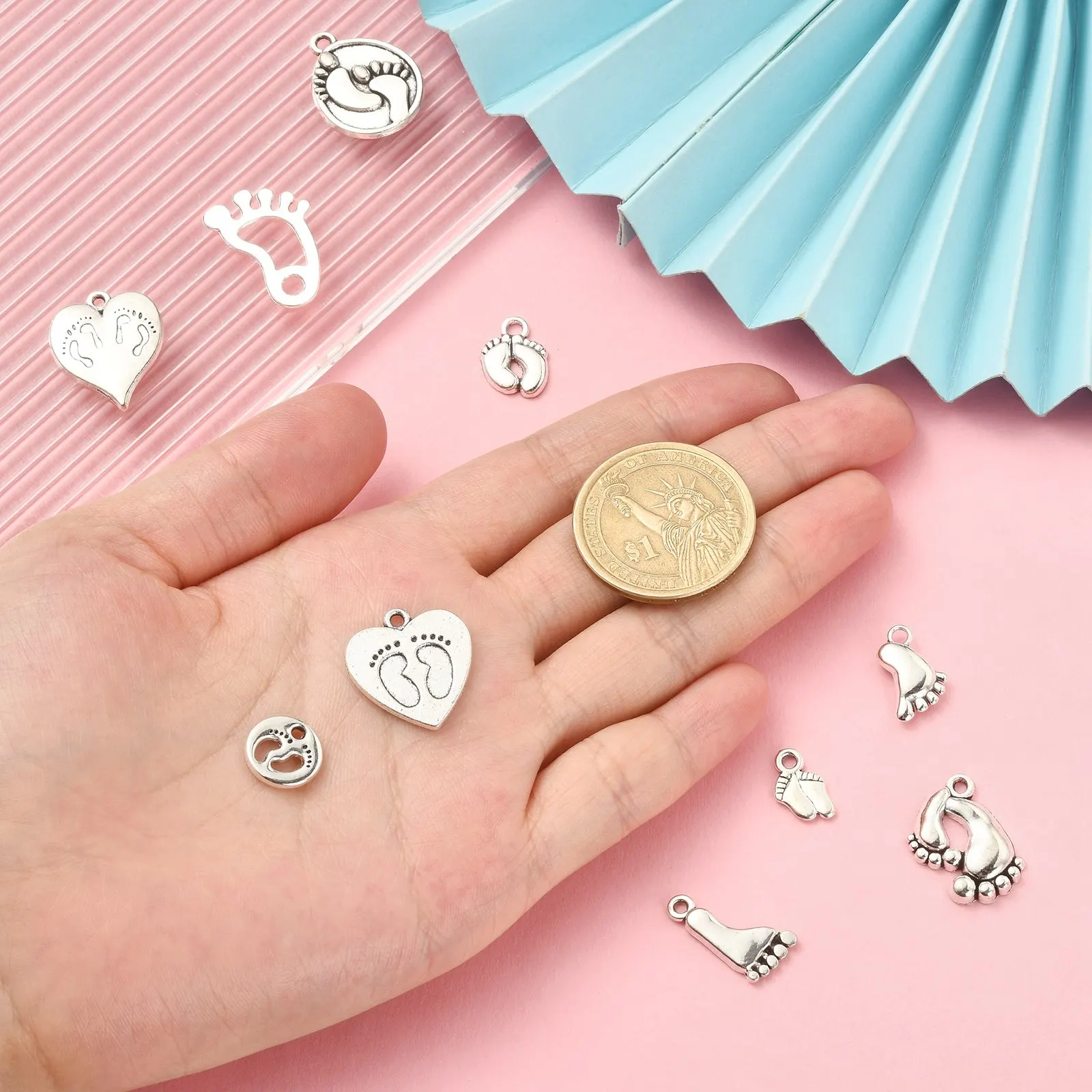 100Pcs 10 Styles Tibetan Footprint Charms Antique Silver First Step Foot Charms for DIY Bracelet Necklace Jewelry Making