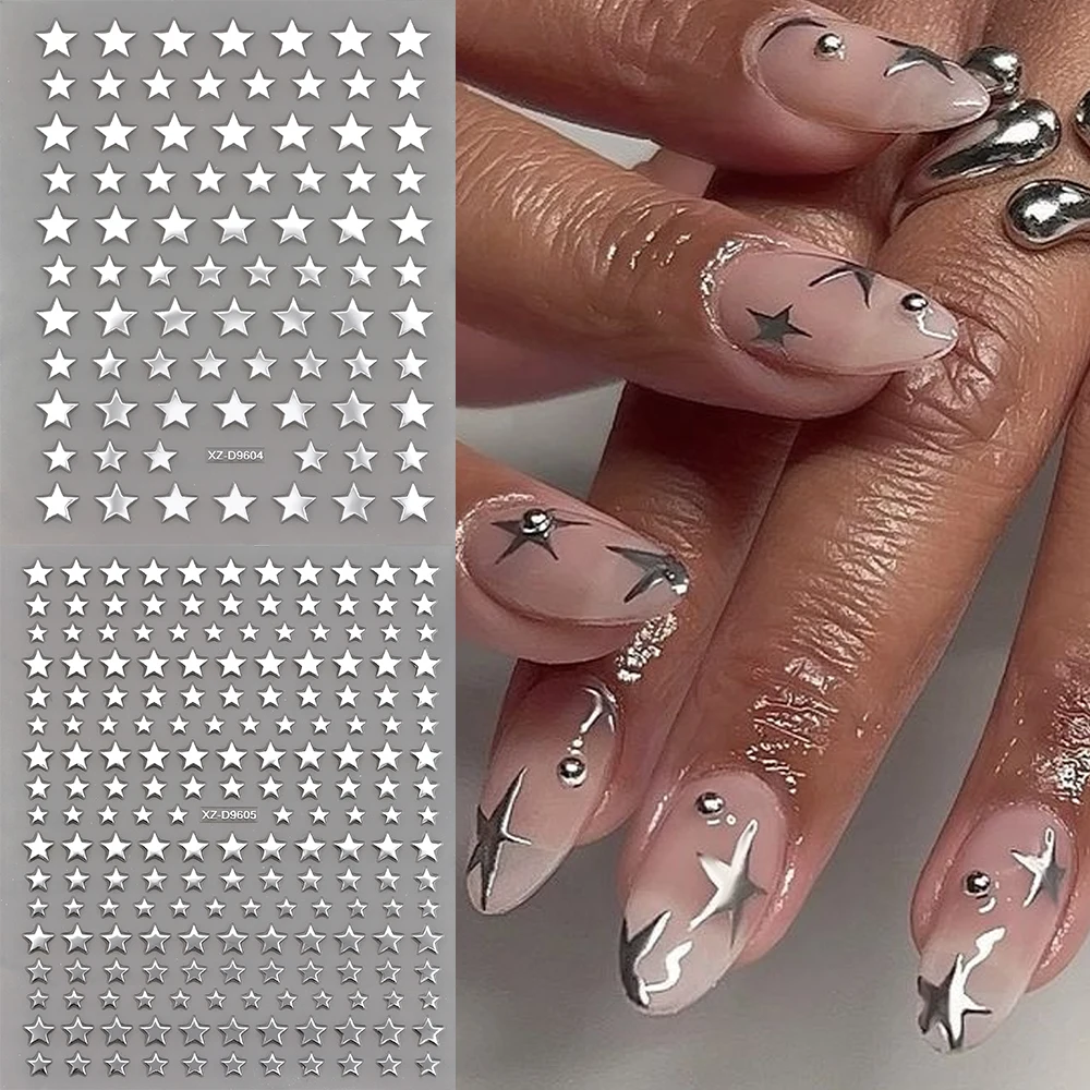 6개/세트 메탈 실버 스타 네일 스티커 3D 쉬머 스타버스트 크로스 스타라이트 네일 아트 데칼 Y2K 펜타그램 매니큐어 장식