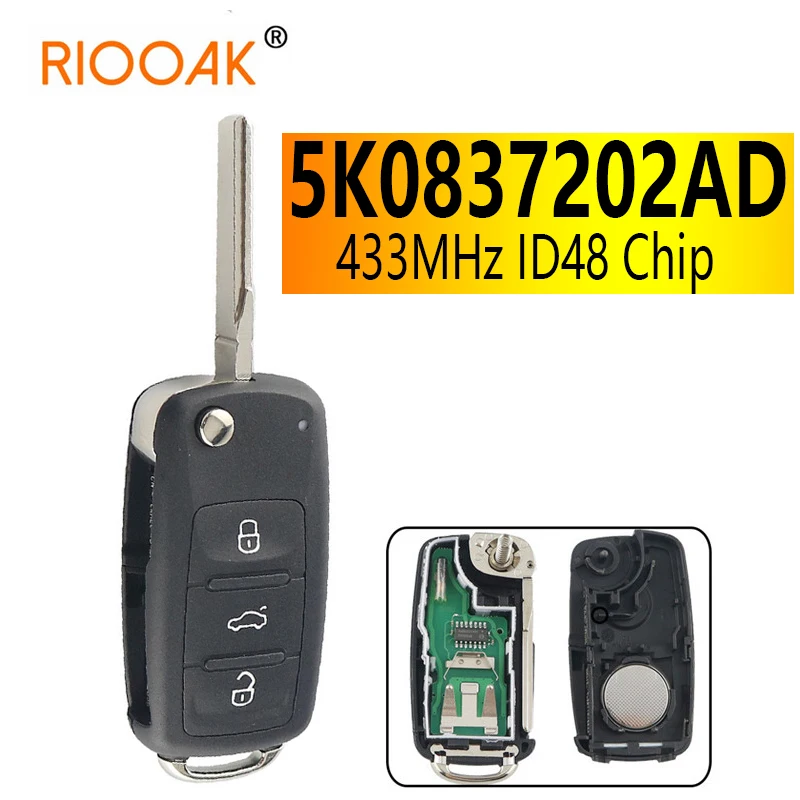 433MHz ID48 Chip Remote Key 5K0837202AD for VW/VOLKSWAGEN Beetle/Caddy/Eos/Golf/Jetta/Polo/Scirocco/Tiguan/Touran/UP