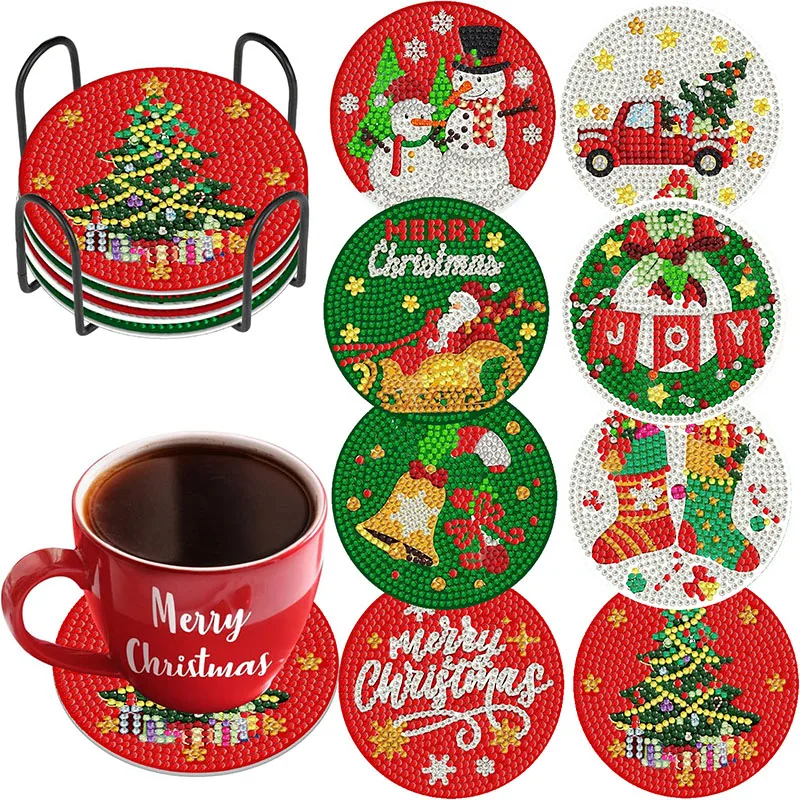8-piece set of diamond painted wooden coasters with brackets, holiday Christmas theme, DIY art gift, heat-resistant