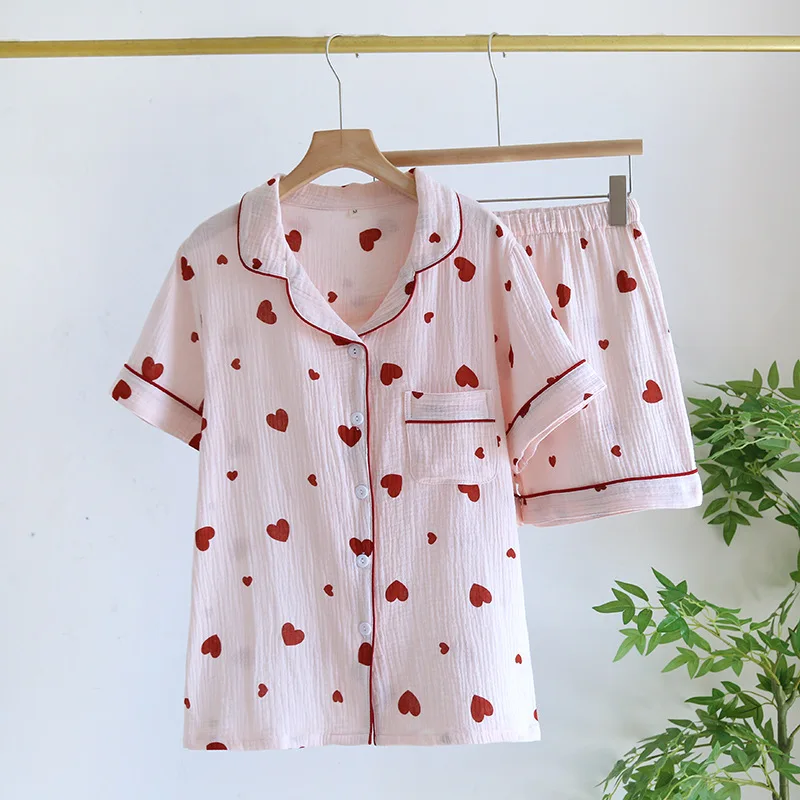 2024 New Summer Women's Pajama Set 100% Cotton Crepe Short Sleeves Shorts Two Piece Set Love Lovely Sweet Home Fury Thin Ladies