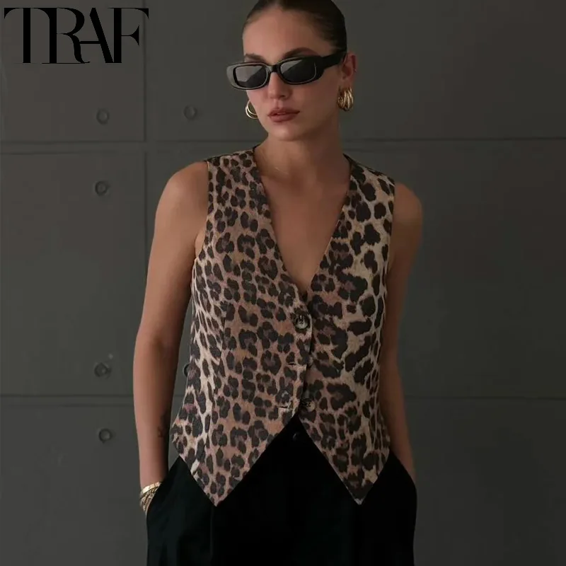 TRAF Leopard Lady Vests Vintage Cropped Sleeveless Vest