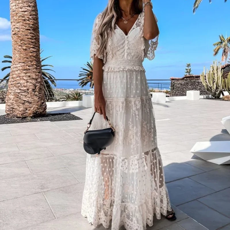 

Elegant V-neck Short Sleeve Long Dress Lady Sexy Crochet Embroidery Hollow Party Dress Fashion Hight Waist Pleat Mesh Maxi Dress