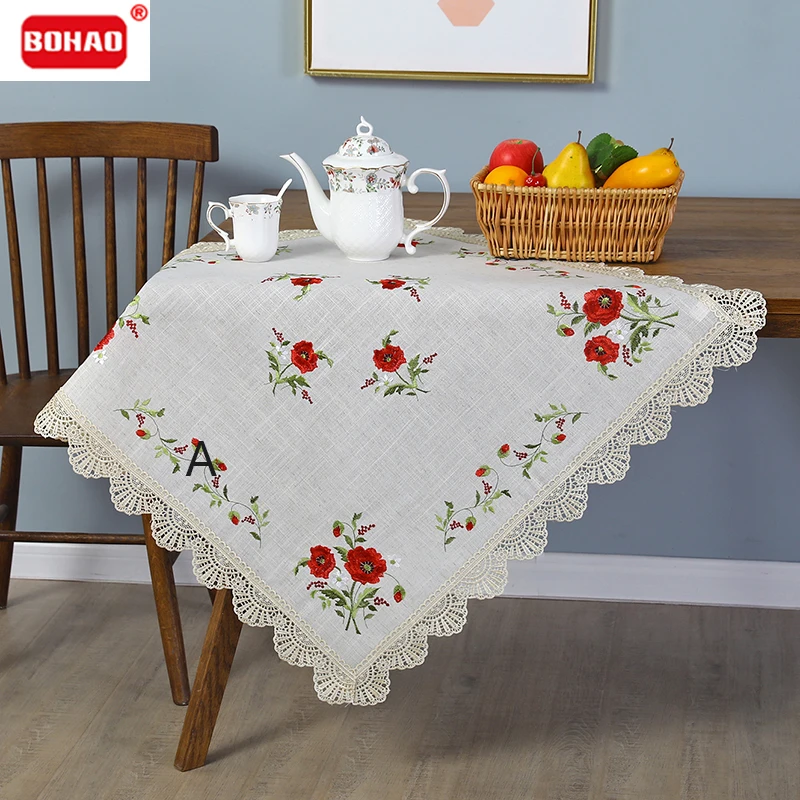 

BOHAO Tablecloth Coffee Champagne Tablecloth Square Lace Placemat New Year's Tablecloth Table Placemat Map Red Poppy Embroidery