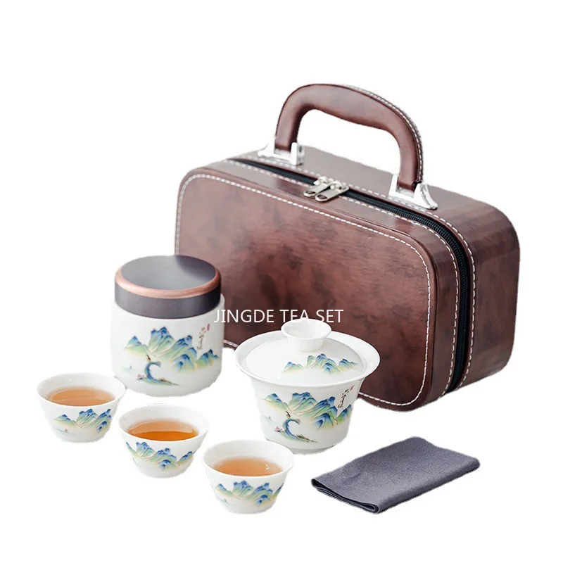 Travel Tea Set, Bowl Lid, Gaiwan,Tea Cup, Outdoor Kung Fu Tea Set, Portable Kuaike Cup, Sheep Fat Jade White Porcelain Gift