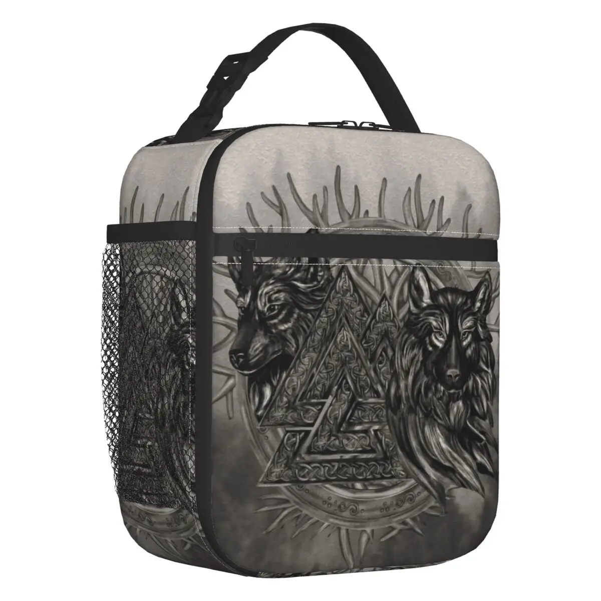 

Valknut Symbol And Wolves Portable Lunch Boxes for Women Waterproof Norse Viking Fenrir Cooler Thermal Food Insulated Lunch Bag