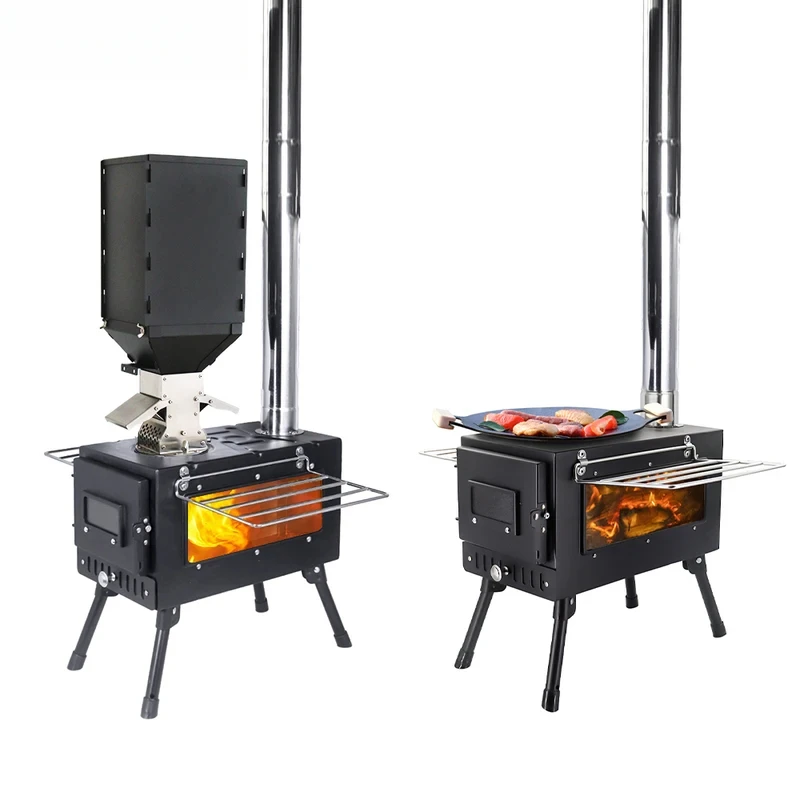 Portable Windproof Outdoor Pellet Fire Wood Heater with Burner Stove Bin for Camping Tent 3