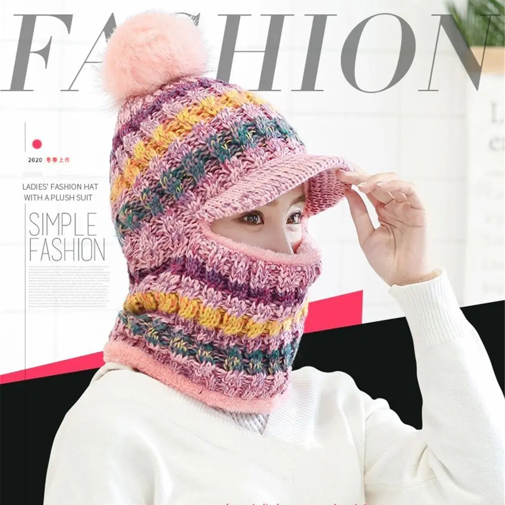

Outdoor Siamese Scarf Collar Fleece Lined Beanies Caps Hat Scarf Set Knitted Hat Pompoms Hat